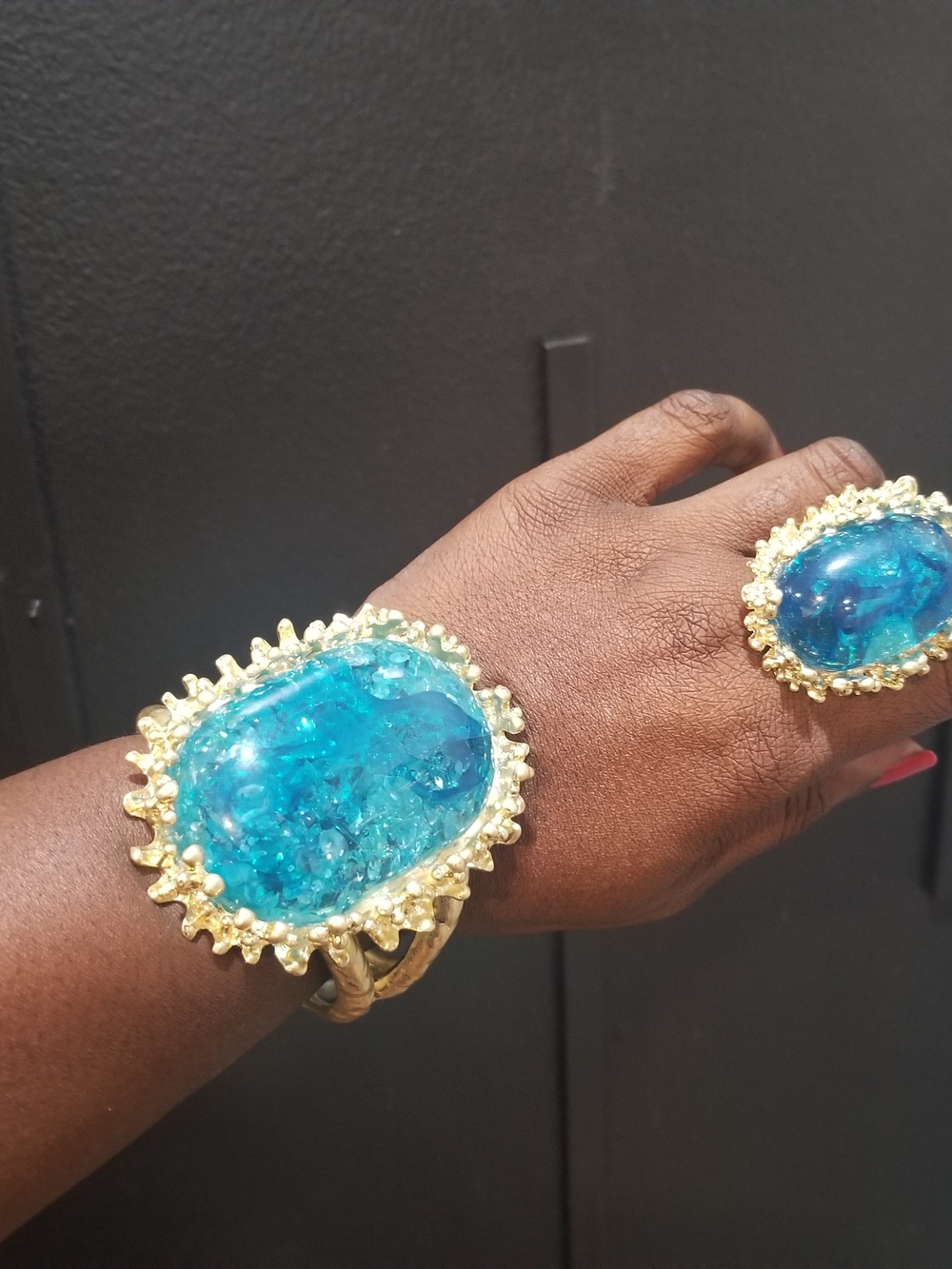 Gold-Tone Blue Crystal Statement Bracelet and Ring Set